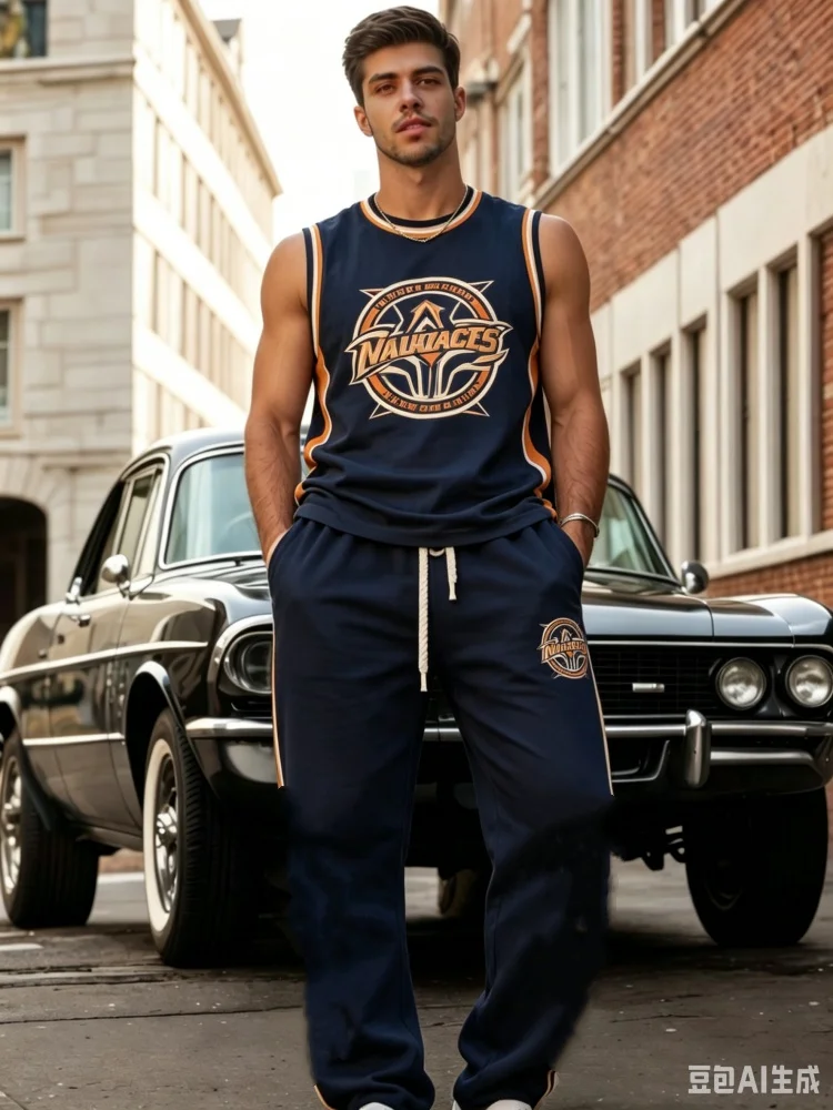Herren Basketball-Style Team-Logo Bedrucktes Ärmelloses Oberteil Elastische Taille Weite Jogginghose Sommer Sportanzug Set