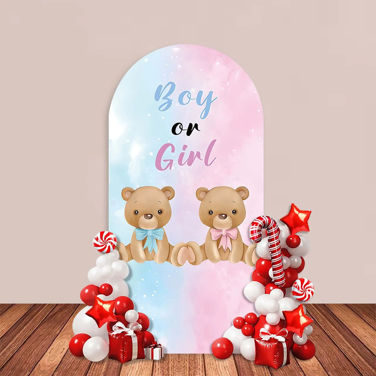 Boy or Girl Gender Reveal Arch Backdrop Cover Pink or Blue Watercolor Cute Bear Moon Balloon Baby Shower Party Decor Background