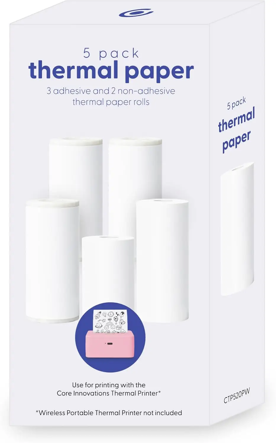 

Thermal Printer Paper Bundle - 5 Rolls (3 Sticker + 2 Paper) for Wireless Portable Printers, Photos, Labels & Crafts
