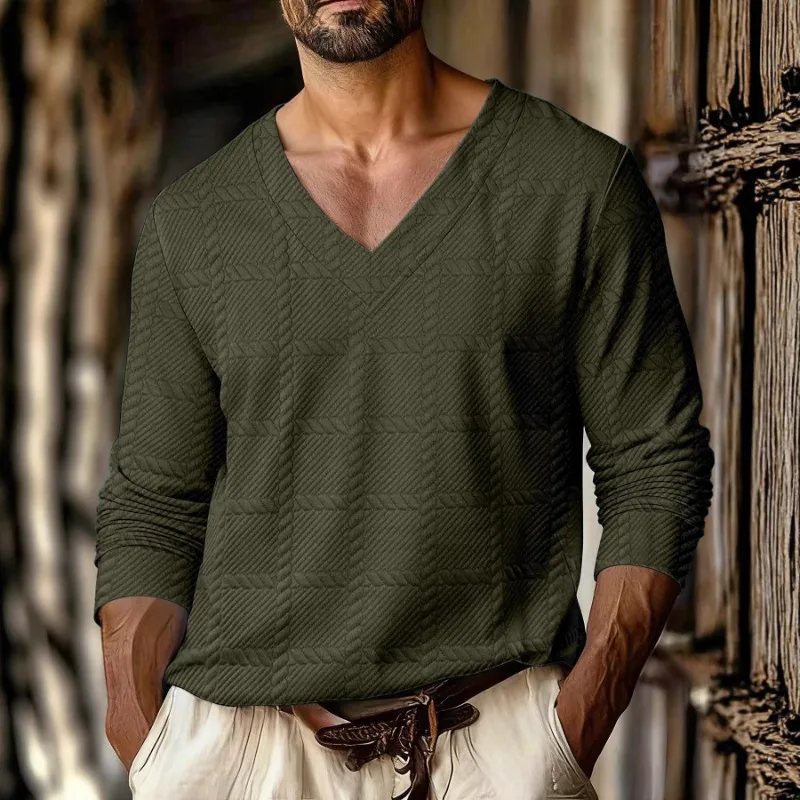 T-shirt à manches longues pour hommes, motif écossais, tissu Jacquard, col en v, sport décontracté, épaules dénudées, nouvelle collection automne