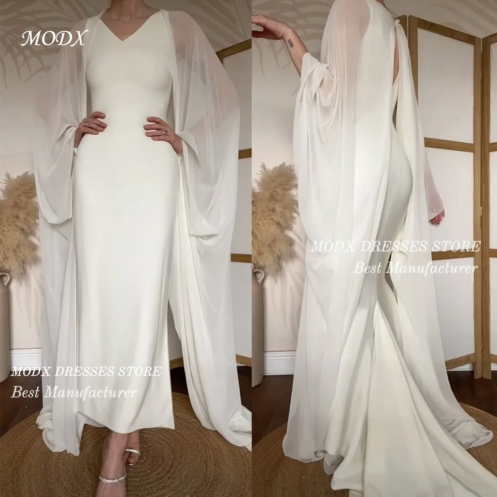 MODX Elegant Ivory Satin Wedding Dress V-Neck Long Cape Sleeves Slim Fit Bridal Gown Floor Length Vestido De Novia Civil 2026