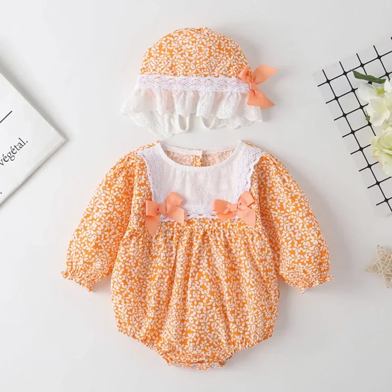 2026 Nowa Wiosenna Kombinezon dla Niemowląt Dziewczęcych z Kapeluszem, Długi Rękaw, Bawełniany Nadruk, Pajacyk dla Niemowląt Dziewczynek 0-24M, Ubrania Dziecięce