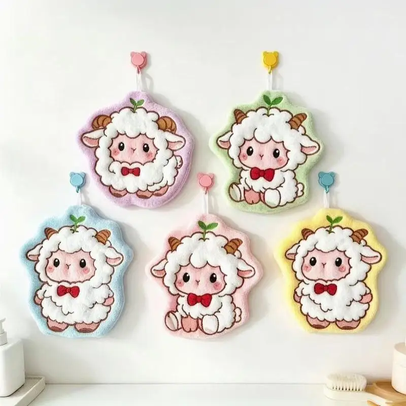 【F】Cute Sheep Shaped Hand Towel Super Absorbent Soft Coral Fleece With Loop For Bathroom Kitchen Use