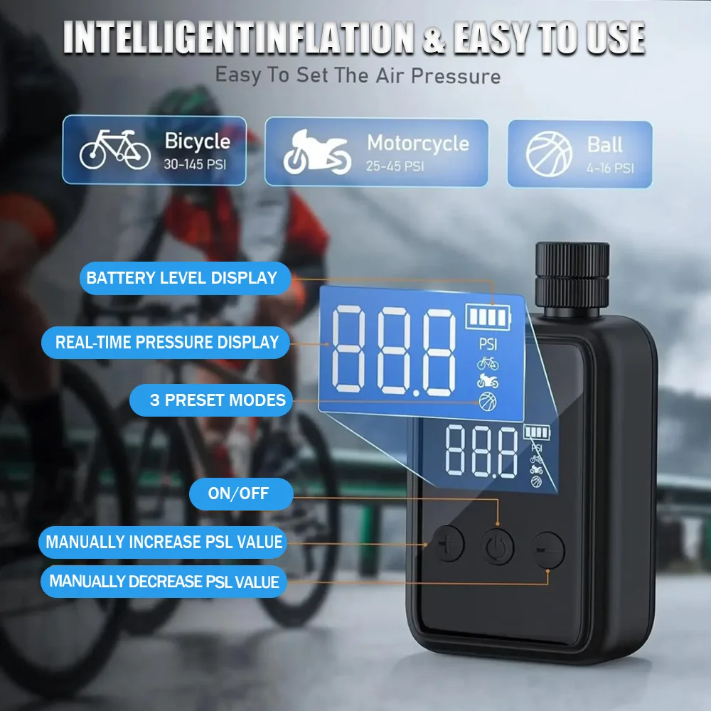 

Universal Cordless Bicycle Tire Inflator 150PSI Electric Air Pump Rechargeable Digital Display Air Compressor Bike Accessories