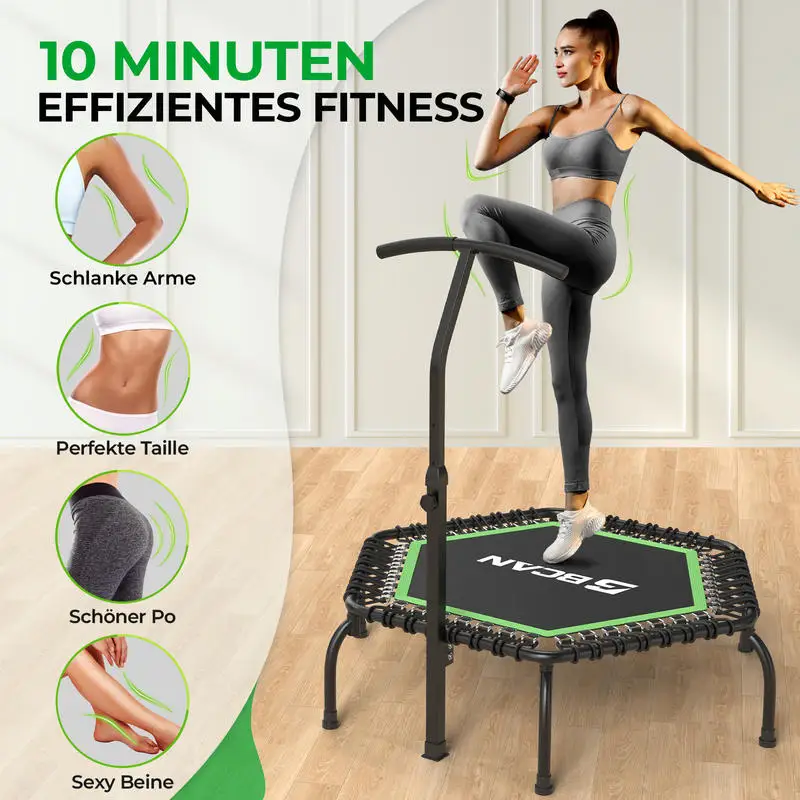 Indoor-Trampolin für Erwachsene, testgeprüft, Tragkraft 250 kg, Ø 122 cm, mit elastischen Seilen und verstellbaren Griffen, stabiler und leiser Sprung, für Fitness zu Hause oder im Garten, modernes
