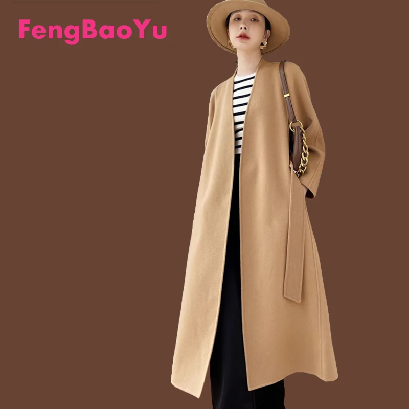 Autumn and Winter Double-sided Cashmere Women's Coat Black Wool V-neck Fashion Casual Coat Youth Trend Light Luxury Women's Wear