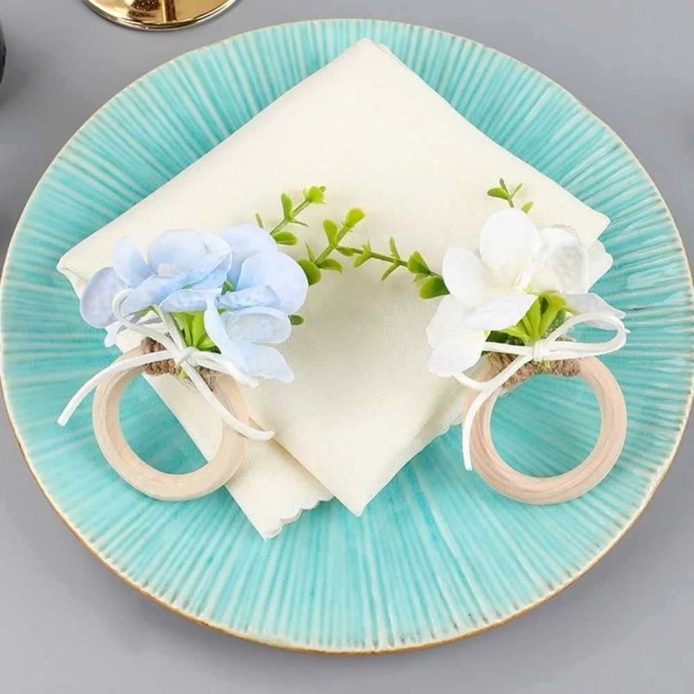 New Wooden Base Fabric Flowers Napkin Rings Rustic Style Handmade Ball Flower Napkin Fastener Napkin Holders Party Table Decor