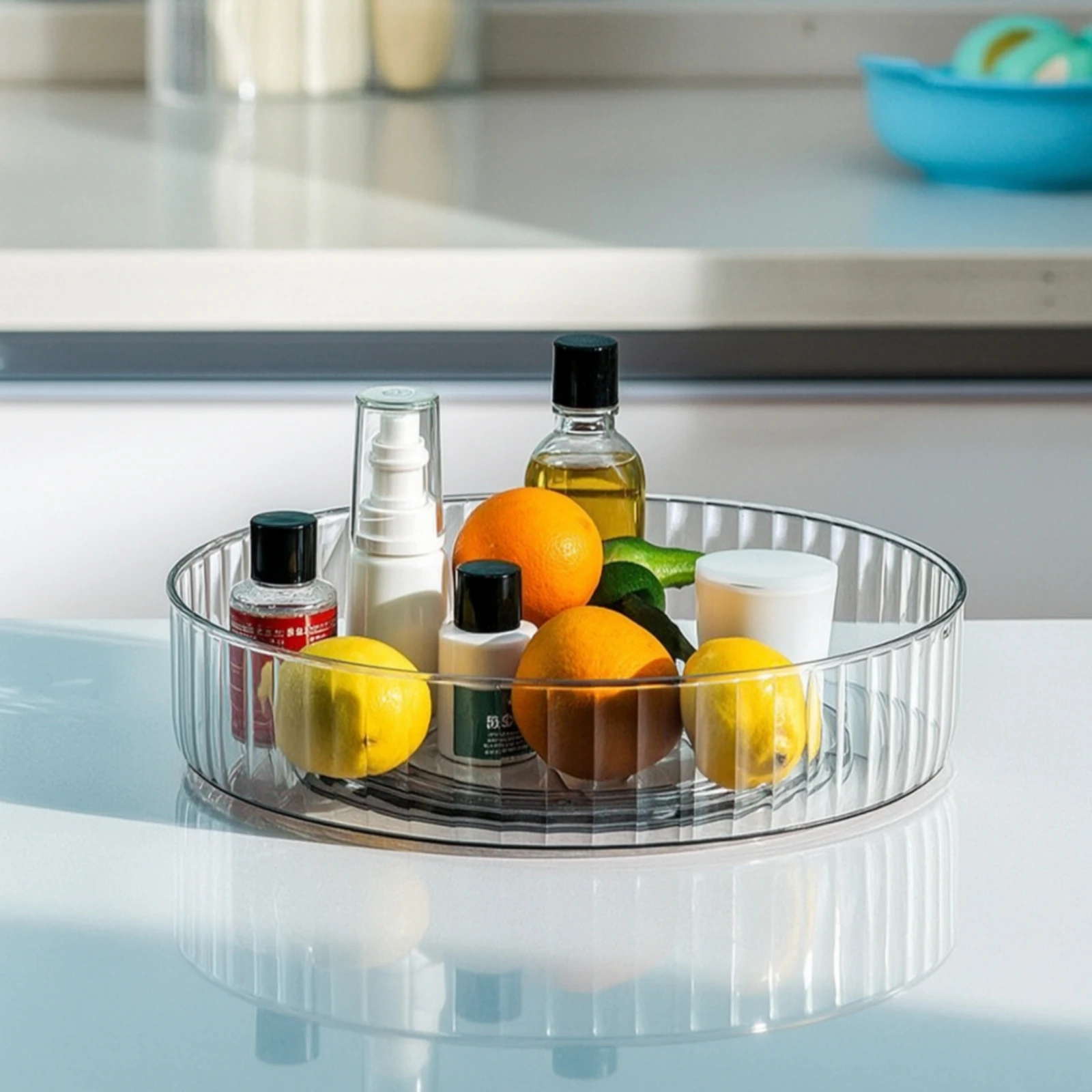 Storage Tray with Rotating Base Clear Rotating Tray Rotating Tray Ribbed Turntable Organizer Slim for Cabinet, Countertop