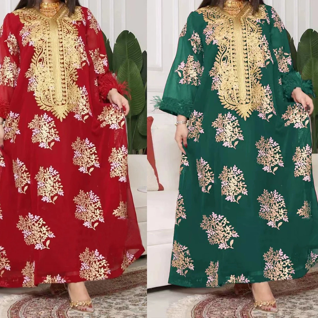 

2025 Muslim summer new Middle East Dubai embroidery ostrich feather gold lace dress dress-GZXX607