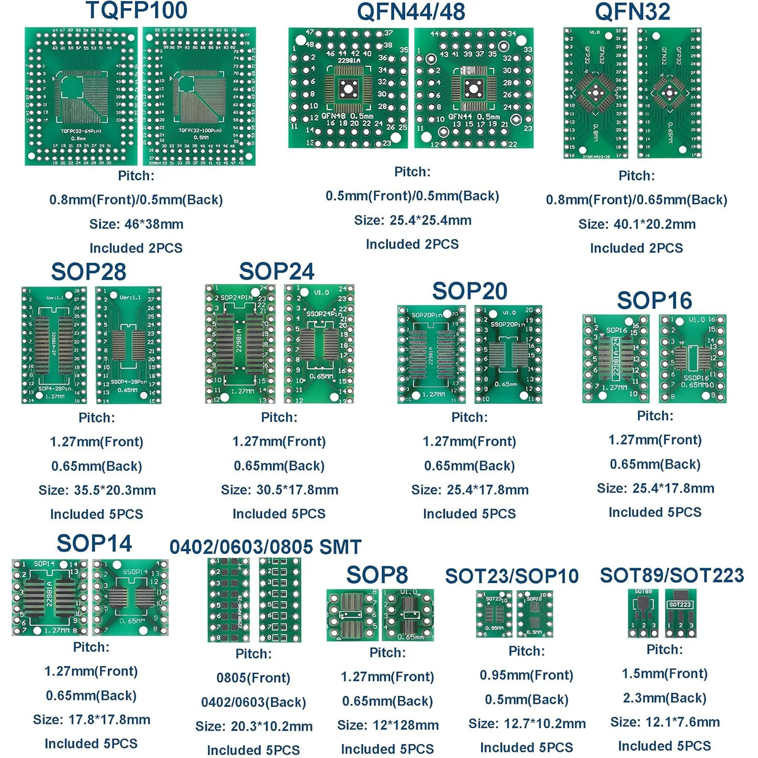 51PCS 12 Types SMD to DIP Adapter PCB Proto Board Plate Converter SOP SOT 0402/0603/0805 TQFP QFN + 40PCS 2.54mm Male 40 Pin