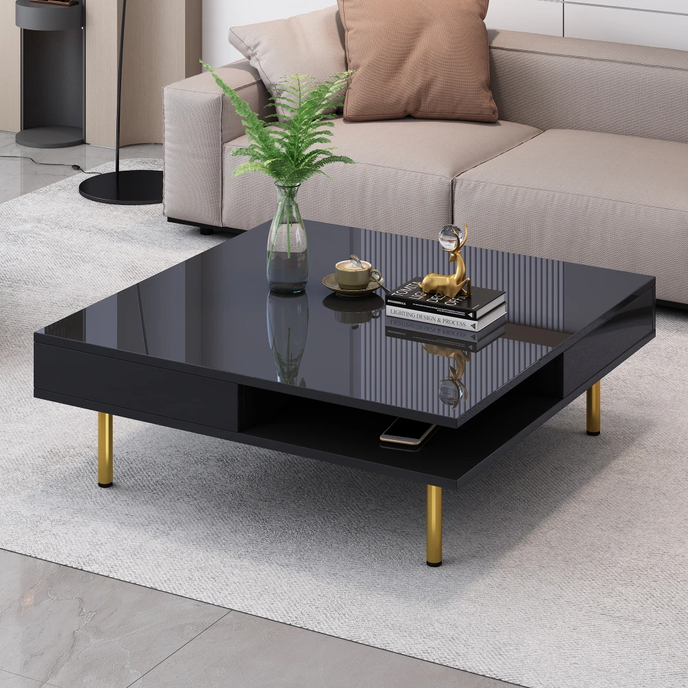 ON-TREND Exquisite High Gloss Coffee Table 4 Golden Legs and 2 Small Drawers 2-Tier Square Center Table for Living Room Black