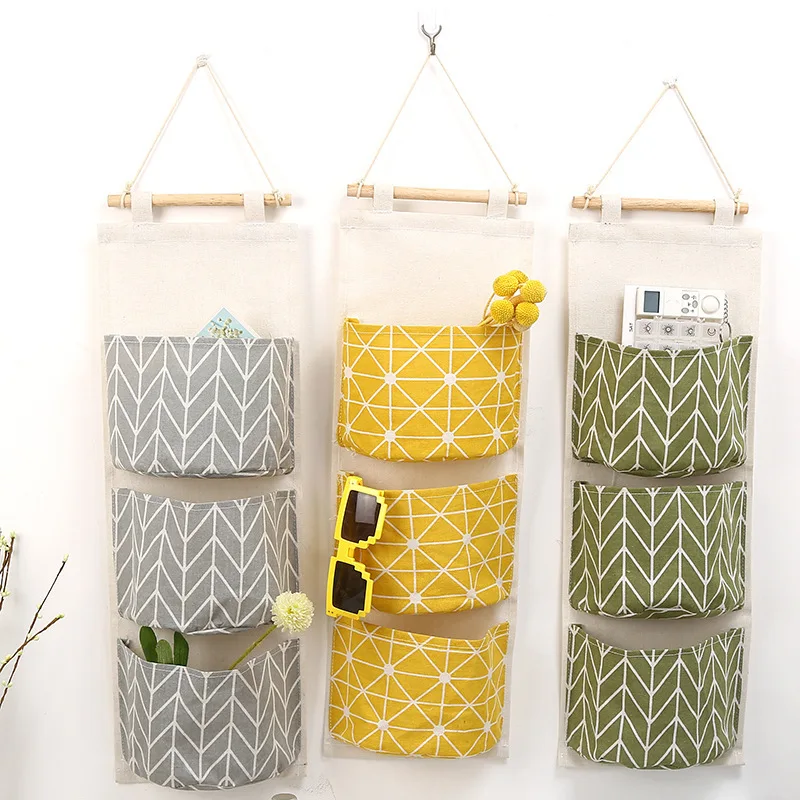 1PC Three Pockets Hanging Wall Storage Bag Household Bedroom Living Room Kitchen Cotton Linen Storage Bag