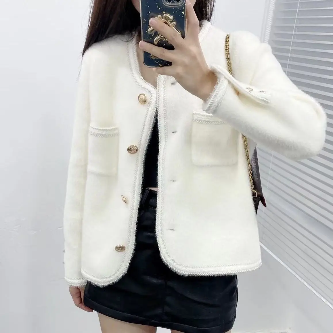 Coat short h imitation mink velvet hair-free ladies knitted cardigan 2023 autumn and winter long sleeve o neck cardigan sweater