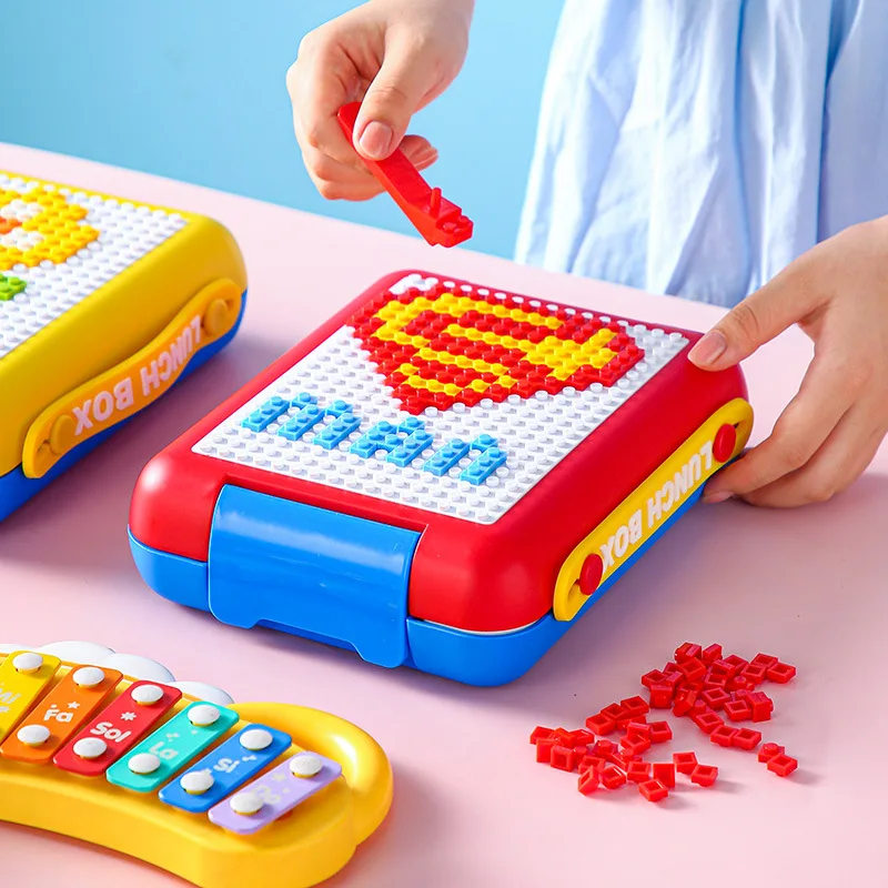 DIY Pixel Building Block Bento Box Portable Plastic Divider Lunch Box With Handle Student Outdoor Picnic Food Case