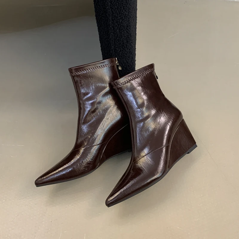 

wedges Ankle Boot Women Shoes leather pointed toe modern Boots Zip high Heels Short Boots high quality comfortable black brown