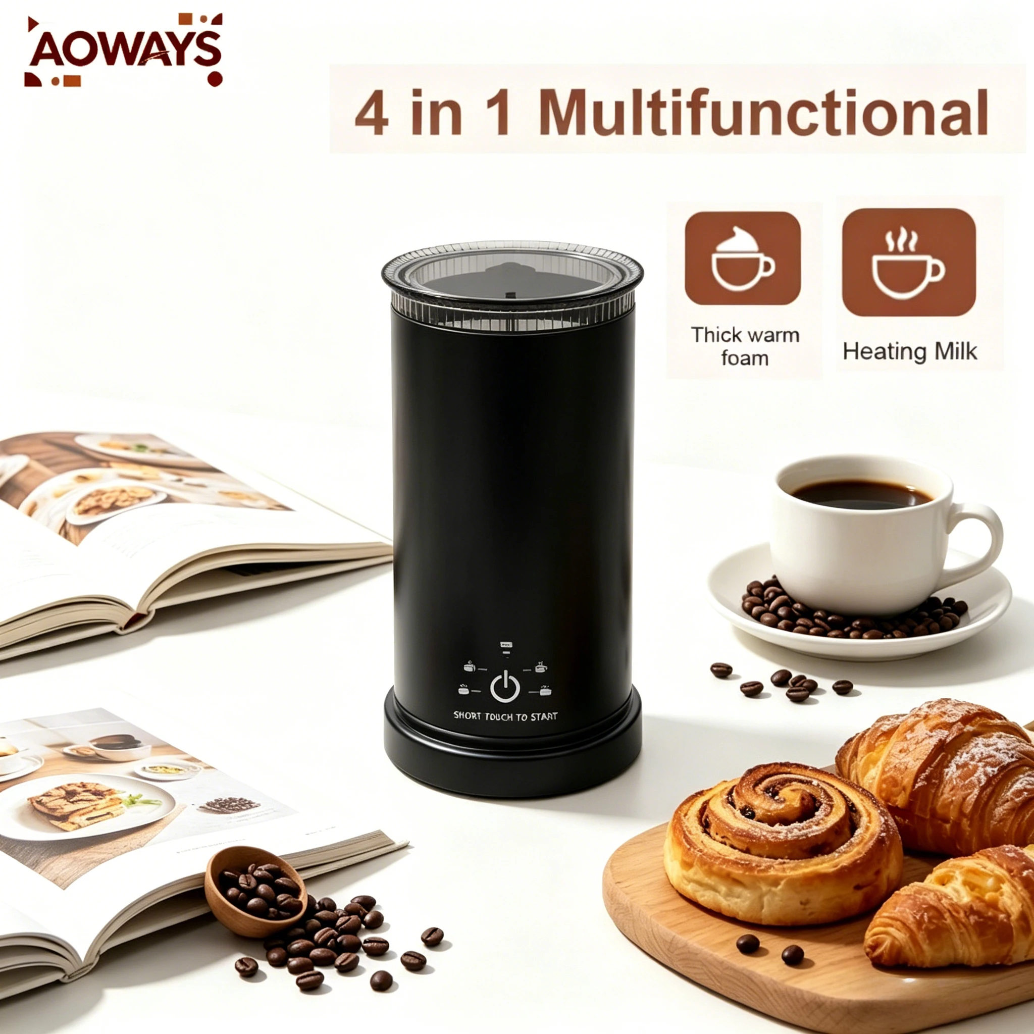 

110V/220V ALW-MF07 Portable Electric 4-in-1 Handheld Fully Automatic Milk Frother Coffee Lattes – Suitable Hot Cold Beverages