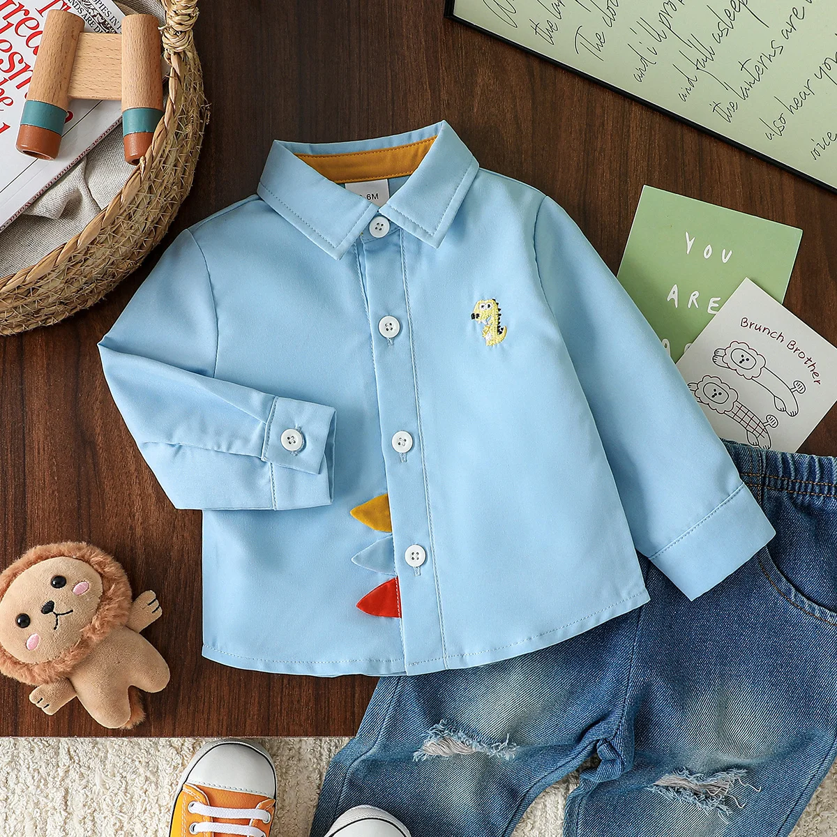 2025 New Spring Autumn Baby Boys Long Sleeve Blouses & Shirts Korean Version Cartoon Dinosaurs Printing Cute Lapel Tops