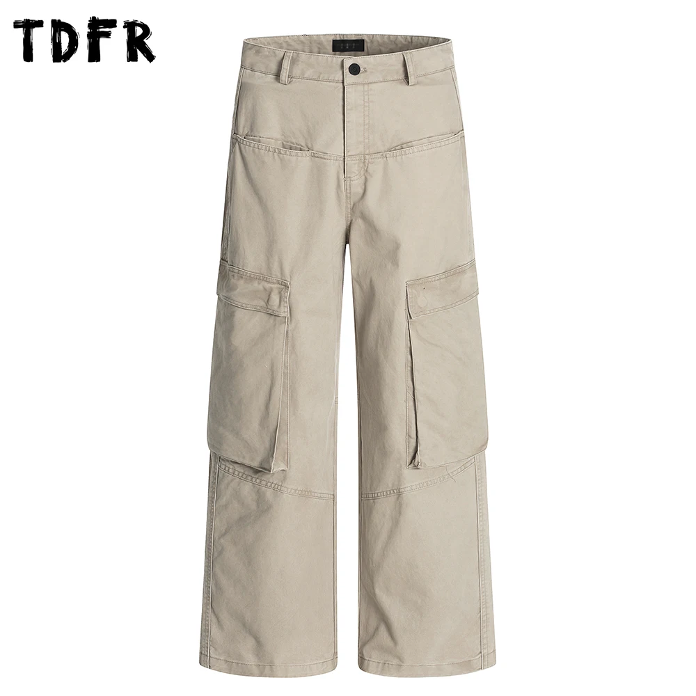 

Multi-Pocket Spliced Cargo Pants Mens Loose Retro Solid Color Streetwear Straight Wide Leg Trousers Men
