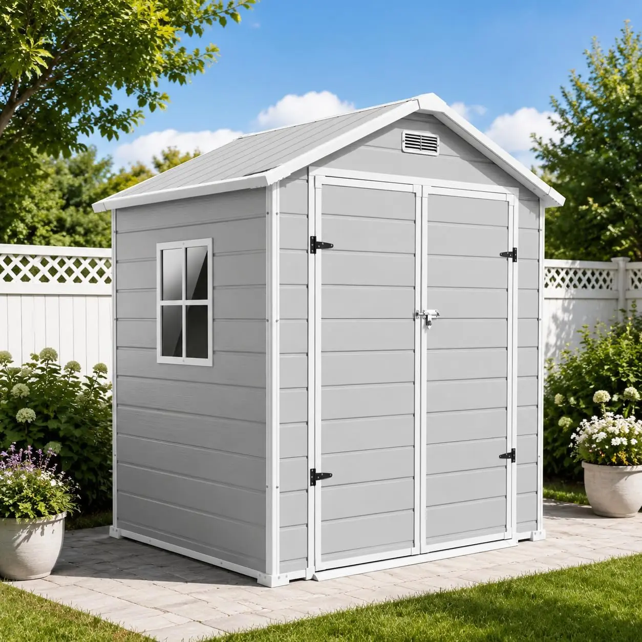 Tacleekii 6x4FT Outdoor Storage Shed with Floor Lockable Door 12mm Double-wall PP Panels UV-resistant Waterproof Resin, Apex Roof, Ventilation & Side Window for Backyard
