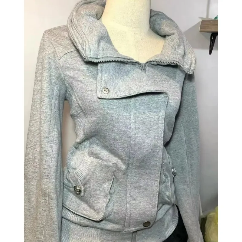 Women Vintage Asymmetric Zip Hooded Sweatshirt Slim Waist Long Sleeve Casual Retro Spring Autumn Outerwear Coat
