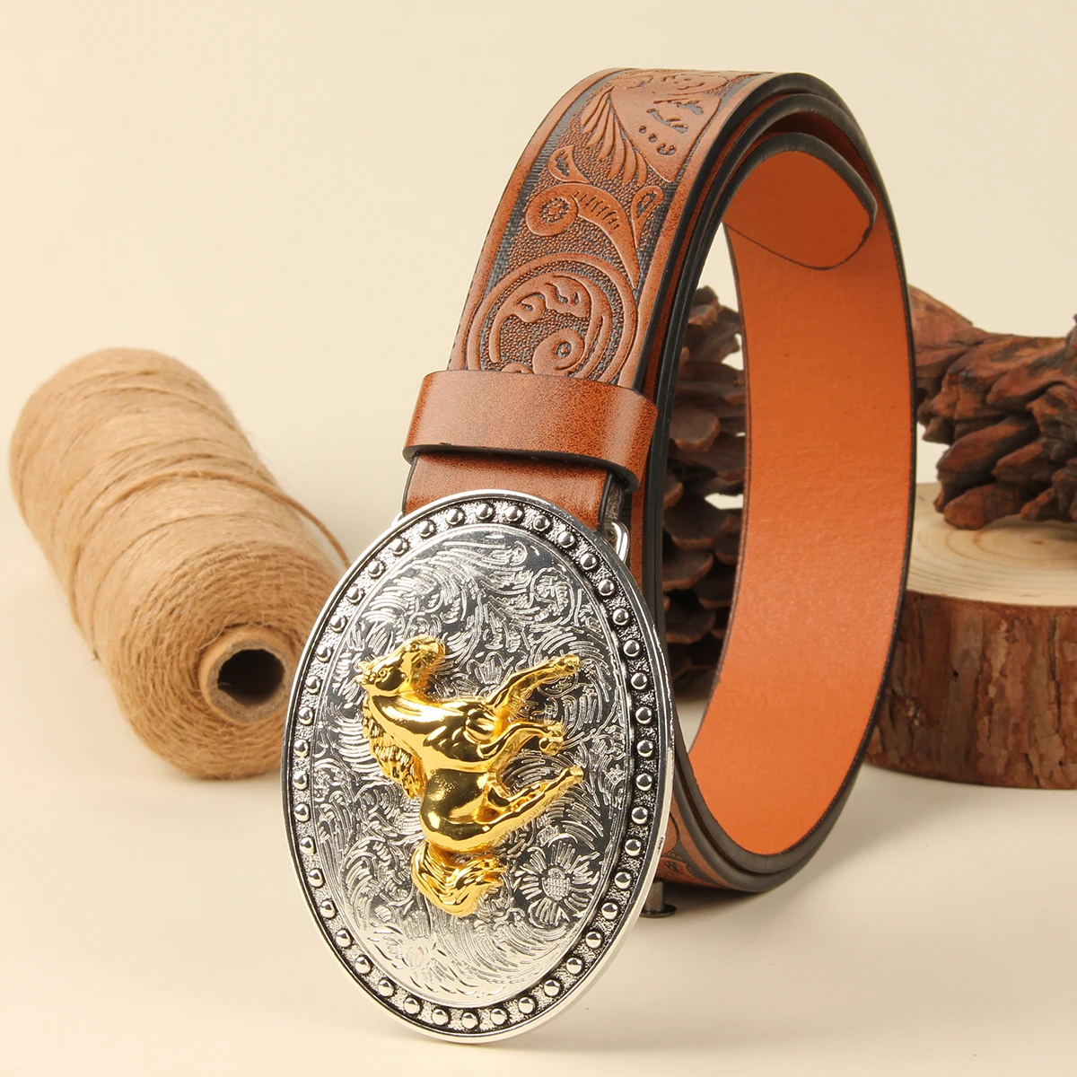 Cabeça de cavalo dourado fivela cinto cowskin steed moda ocidental estilo cowboy cintura para homens presentes ceinture hommes