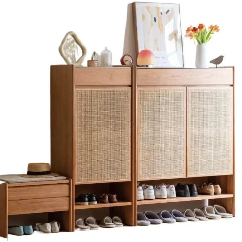 cabinet 2nd generation, solid wood rattan entrance cabinet Japanese retro storage foyer small apartment