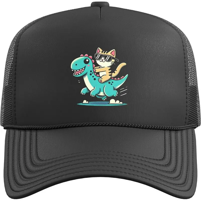 Cool Cat Riding Dinosaur Trucker Hat with Adjustable Mesh Back