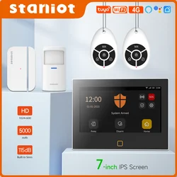 Staniot 7 polegadas Kit assaltante sem fio WiFi 4G Tuya Smart Home Security Alarm System Sirene embutida com sensor de janela de porta de 5 anos,Suporte a 8 zonas com fio