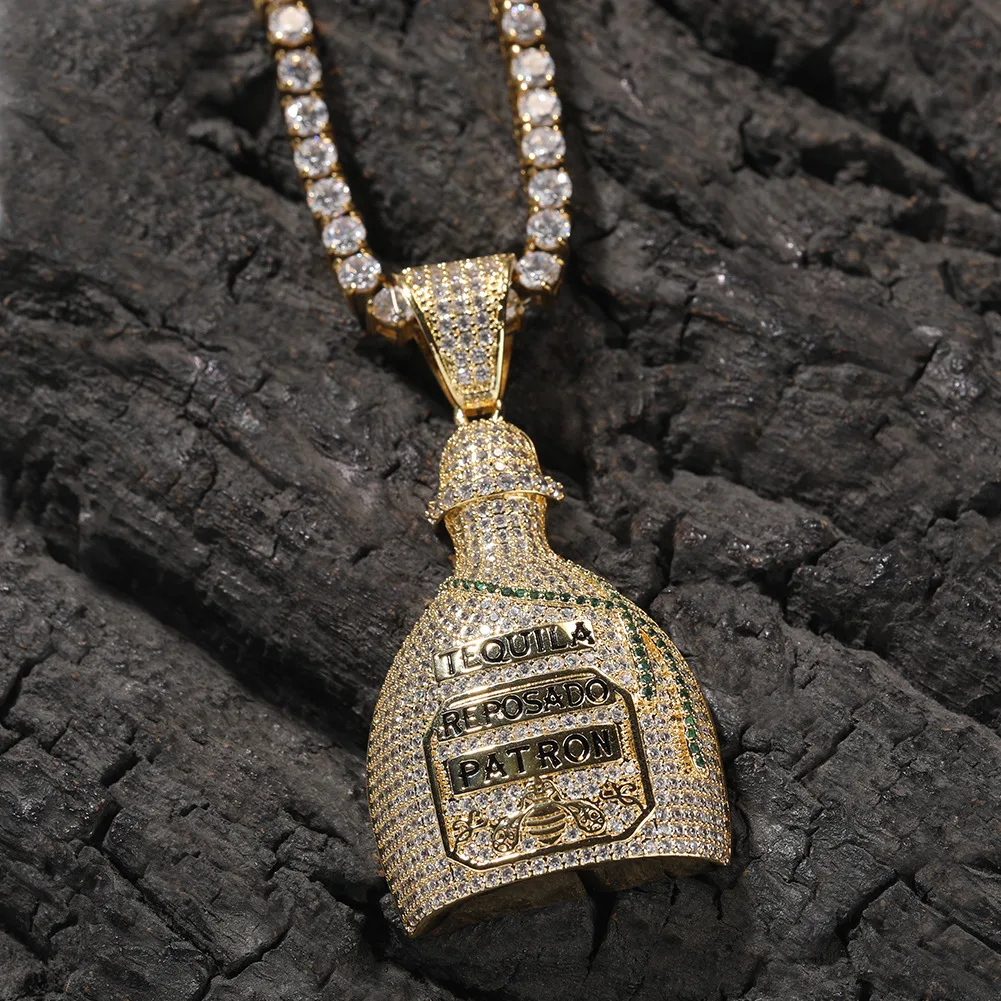 Wine Bottle Shape Bling Bing Iced Out Pendant Necklace Rock Rapper Fashion Hip Hop Jewelry BP286