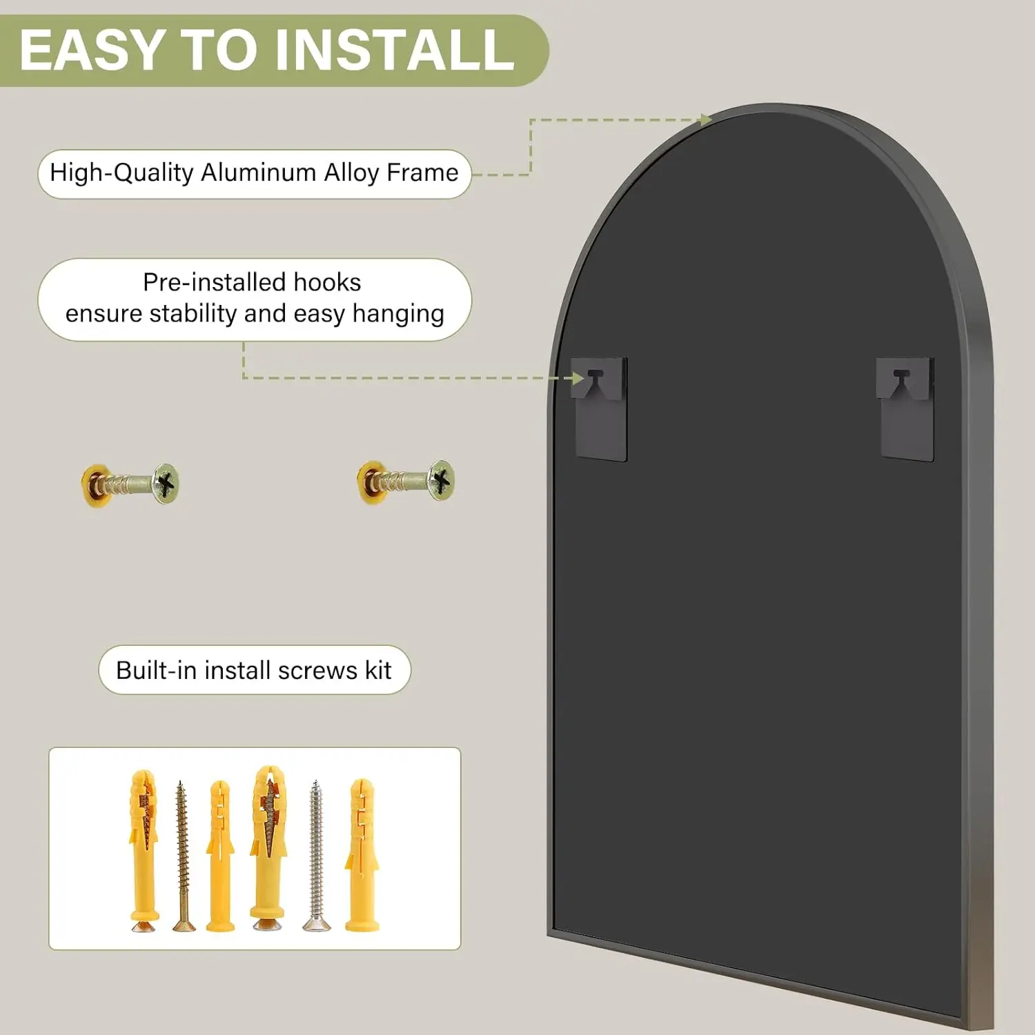 24x36인치 검정색 아치형 욕실 거울 (금속 프레임 포함), 화장대, 거실, 침실 장식용