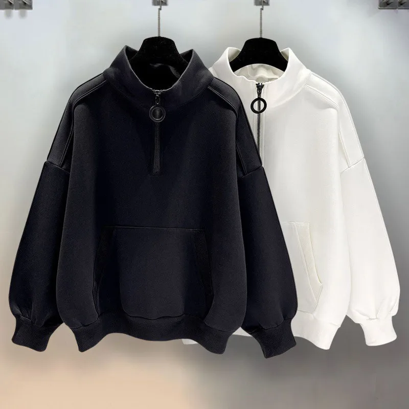 

New black sweatshirt men's spring and autumn stand collar hooded American retro jacket trendy high-end street Y2K men's clothing