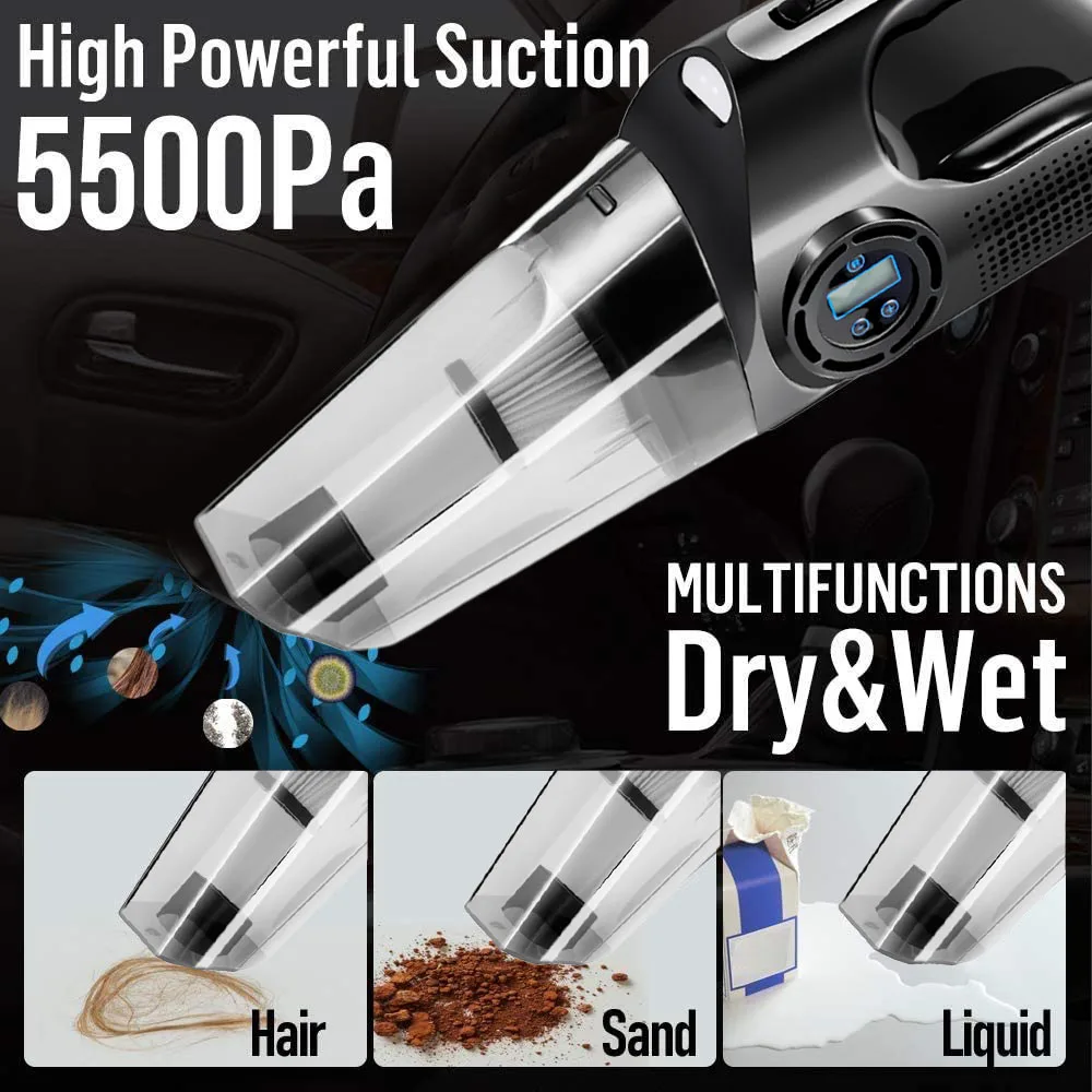 Car Vacuum 4 in 1 Portable Car Vacuum with Digital Air Compressor Pump for Car with LED Light Wet/Dry Vacuum Cleaner