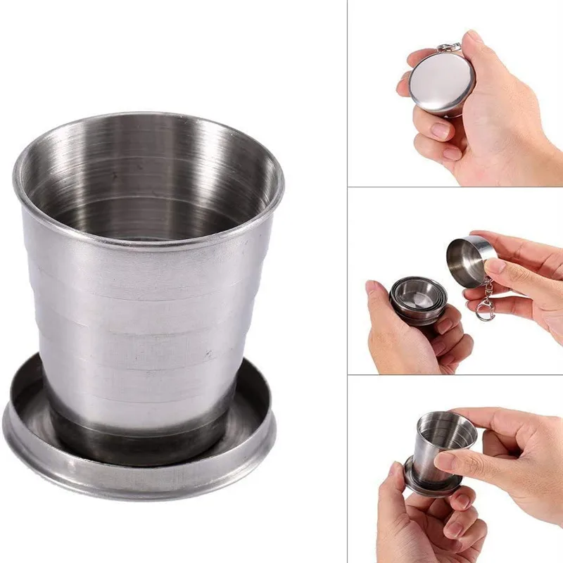 

Portable Stainless Steel Foldable Cup Outdoor Travel Collapsible Coffee Mug Telescopic Lids Hiking Camping Glass Water Beer Cups