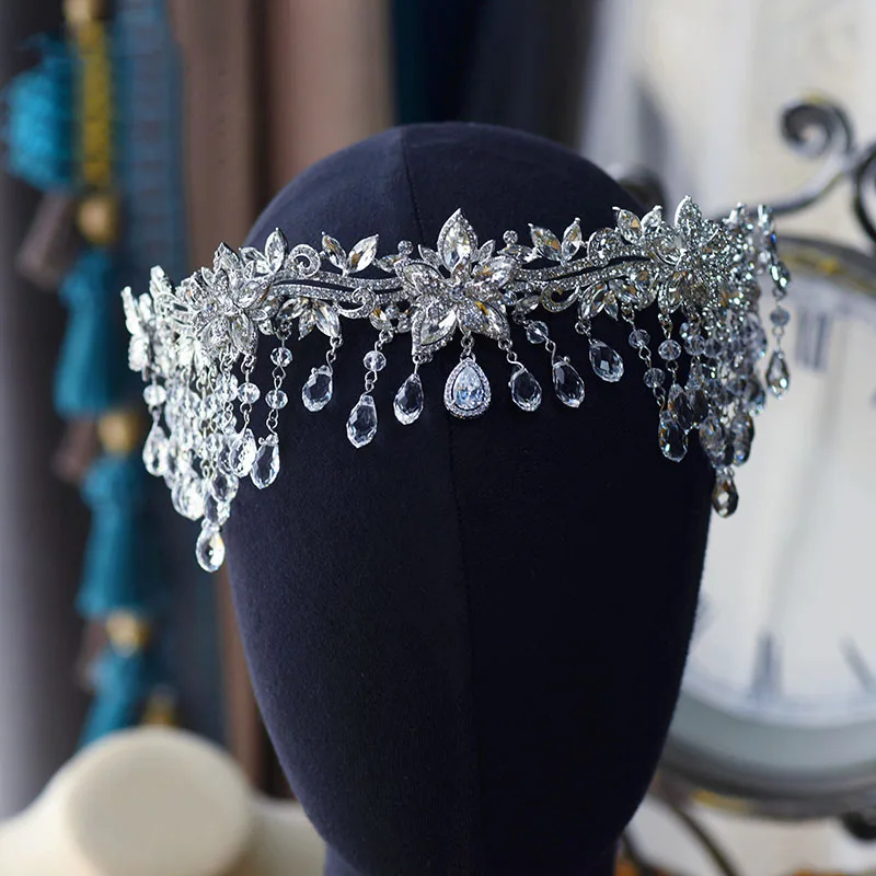 

European Royal Style Crystal Tassels Wedding Headband Brides Hair Accessory Forehead Decor