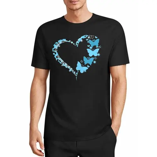 Gradient Blue Music Note Love Heart Butterfly Combination Pattern Black T-Shirt