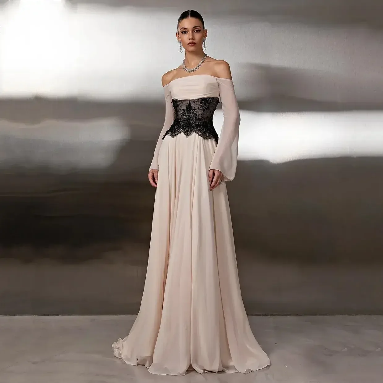 Remote Moon White Off The Shoulder Long Sleeves Evening Dresses Black Lace Corset Long Wedding Guest Prom Gowns MN651 Customized