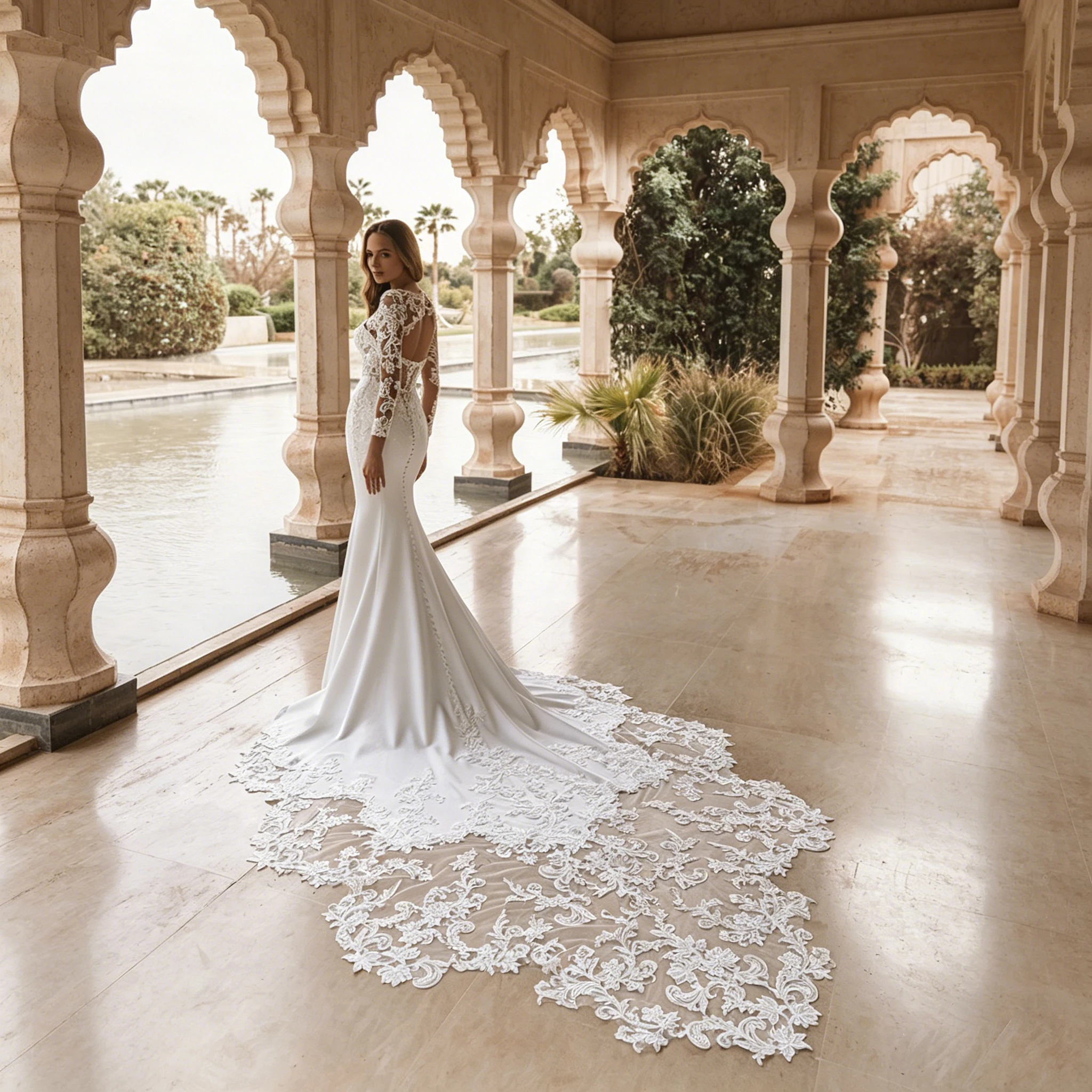 Long Sleeve Illusion Neck Lace Mermaid Wedding Dress Satin Fit Flare Chapel Train Beaded Back Buttons Custom Vestido De Novia