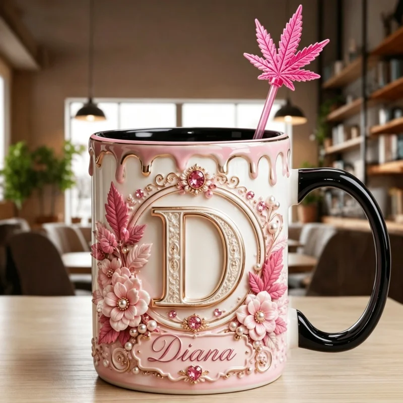 Personalized Name Text Gold Edge Pearl Gem Mug Epoxy Resin Design Coffee Cup for Home Office Dorm 11oz Hand Wash Only Gift