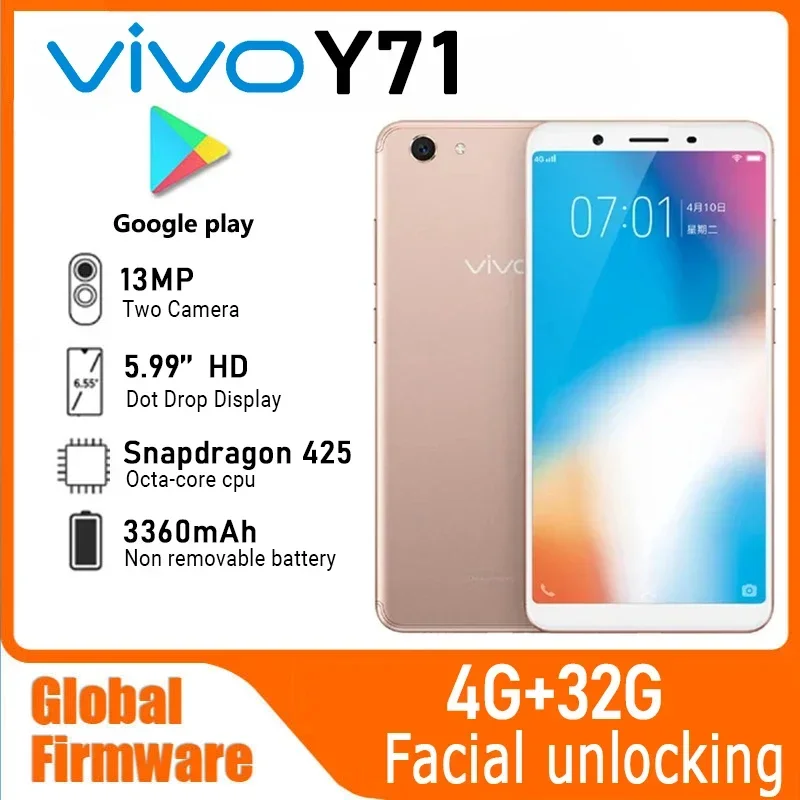 VIVO Y71 Android 4G Smartphone Global firmware 5.99 Inch 4GB RAM 32GB ROM All Colours In Good Condition Rear Camera 13mp