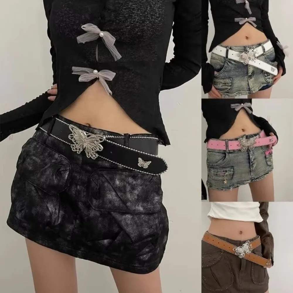 New PU Women's Belt Butterfly Buckle Adjustable Length Decorative Belt Versatile Y2K Style Waistwear Jeans Accessories