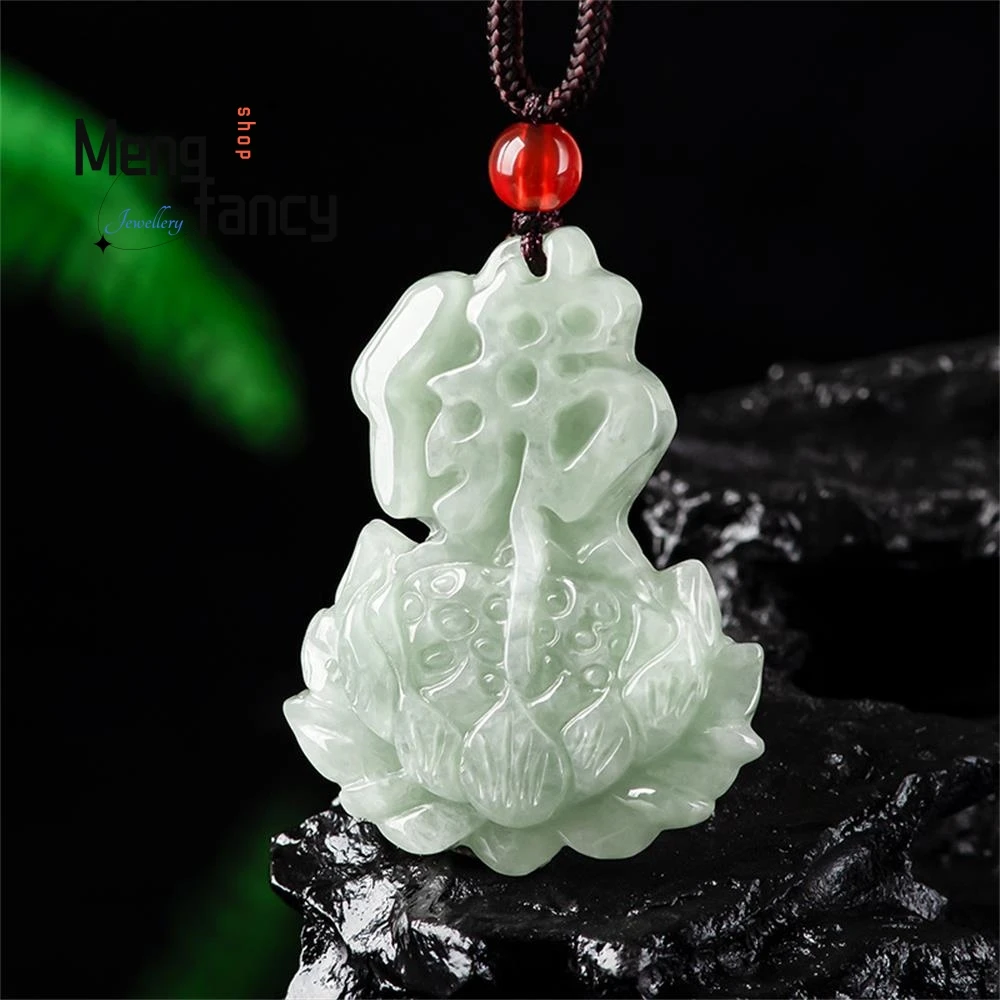 

Natural Jadeite Ice Seed Lotus Flower In Front Of Buddha Pendant Charms Fashion Jewelry Amulet Men Women Necklace Holiday Gifts