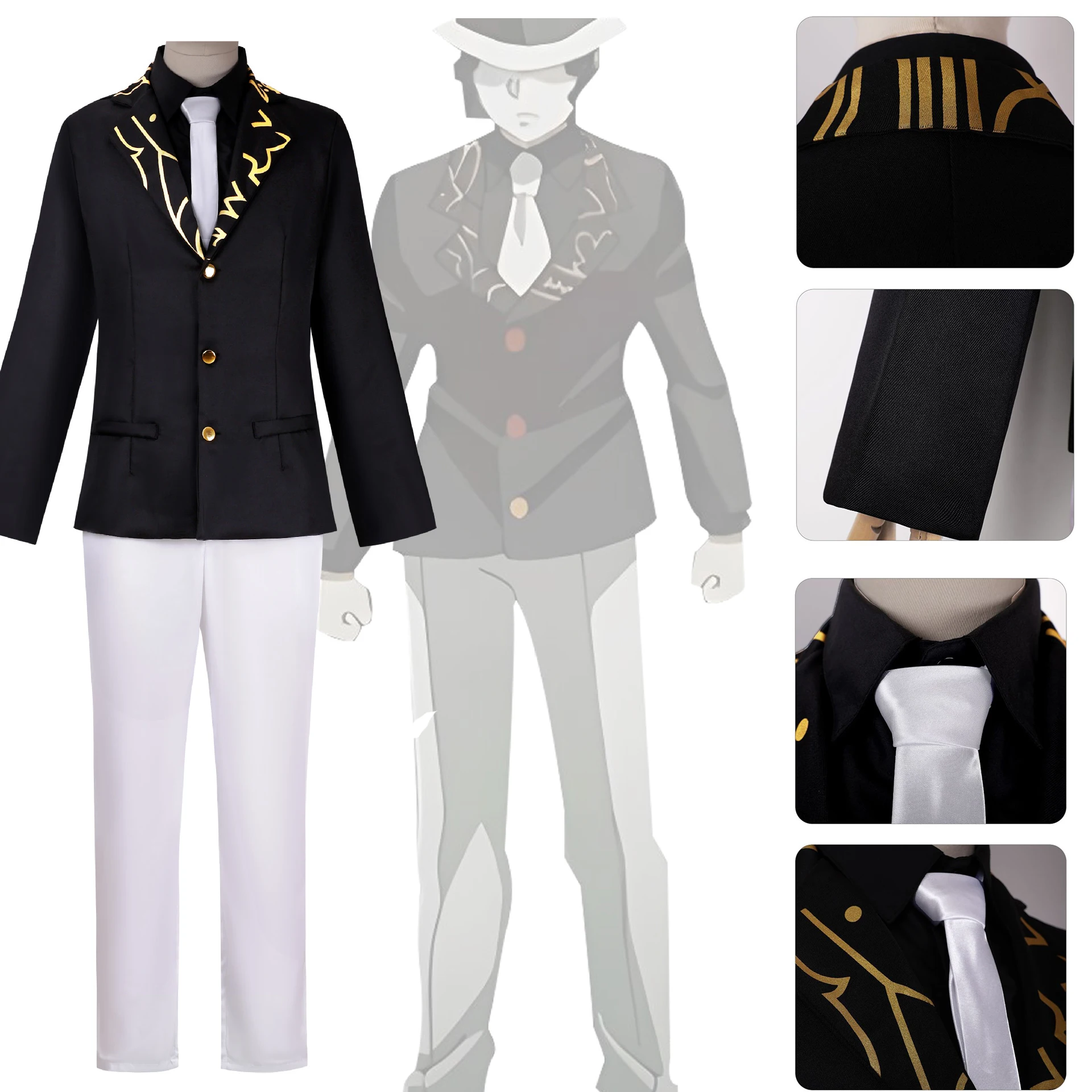 

Anime Demon King Formal Suit Cosplay, Black Gold Embroidery Blazer Outfit with Hat, Halloween Costume for Comic Con & Role Play