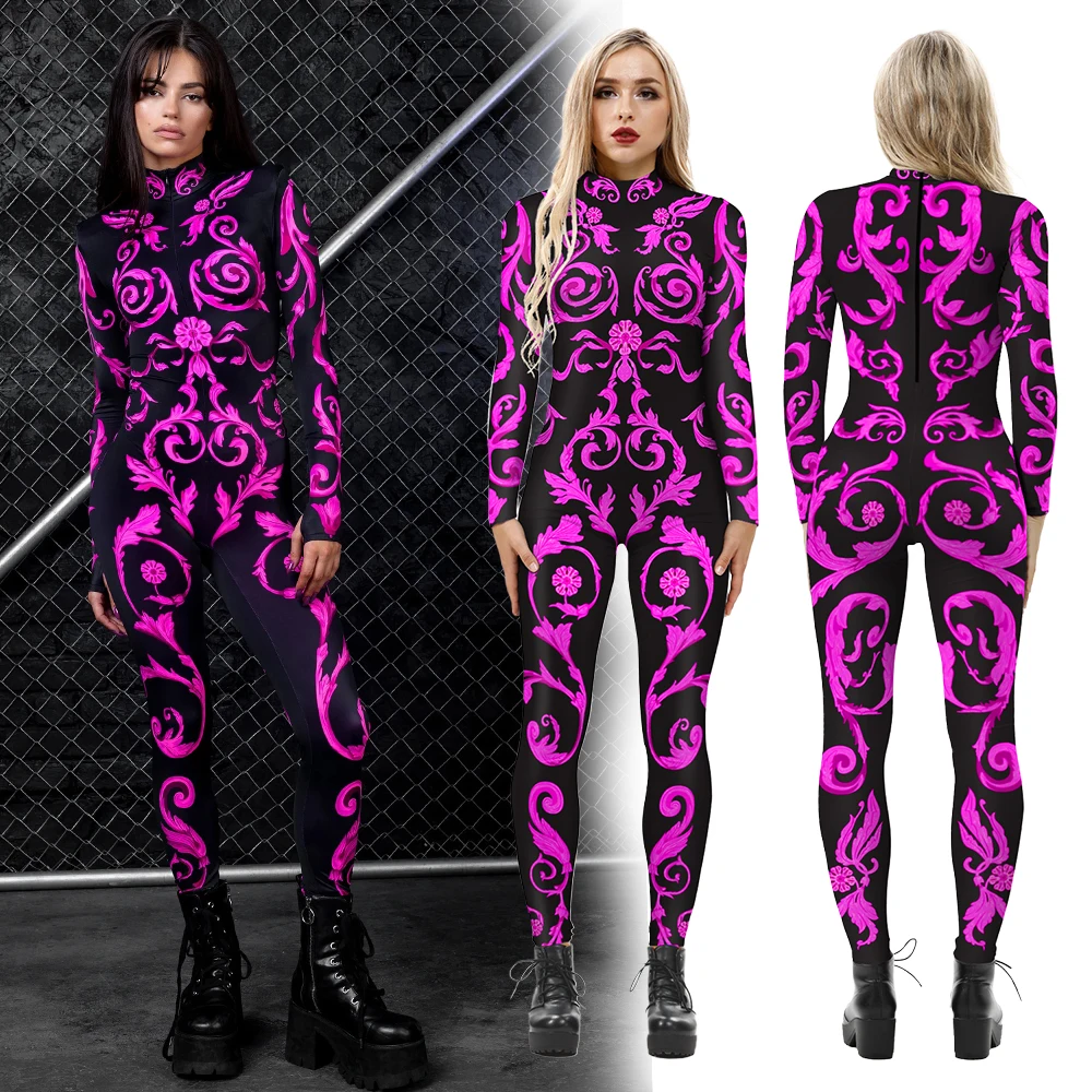 VIP FASHION-disfraz de Rave para mujer, mono con estampado geométrico verde y rosa, para fiesta de Halloween y vacaciones, Zentai