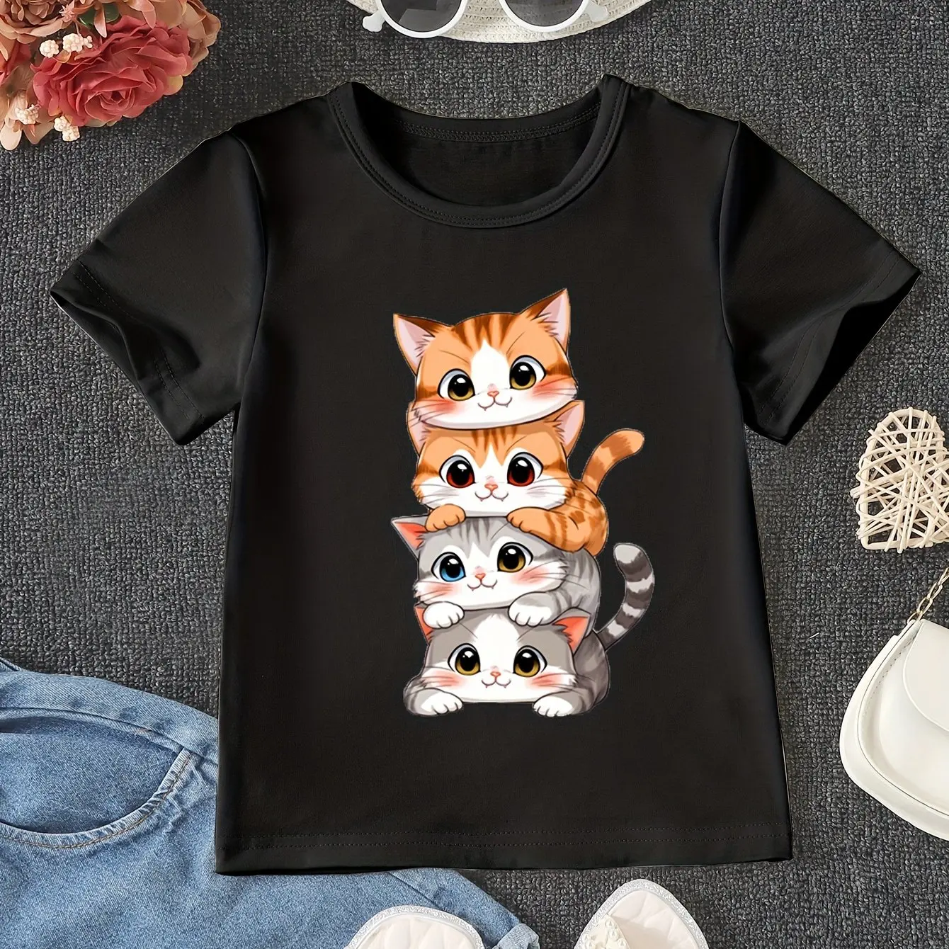 Cute Anime Cat Pattern Printed Girls Cotton T-Shirt Summer Kids Short Sleeve T-Shirt Pajamas Comfortable Soft Fabrics