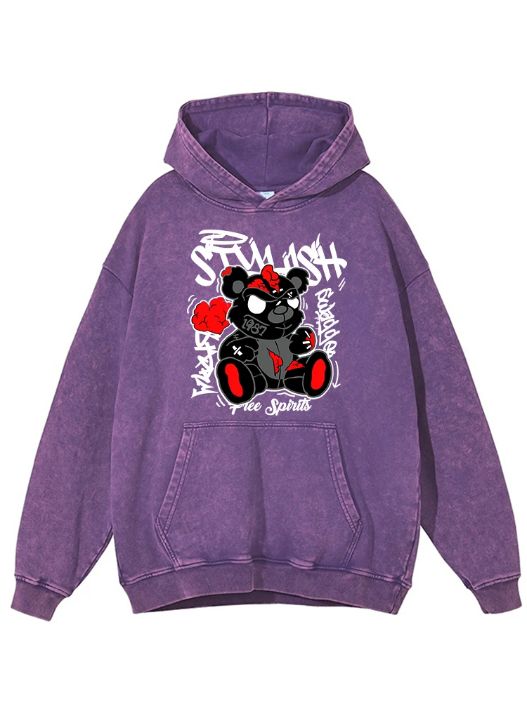 

Graffiti Teddy Bear Printed Female Distressed Vintage Hoodie Fashion Comfortable Versatile Hooded Autumn Warm Cotton Clothing