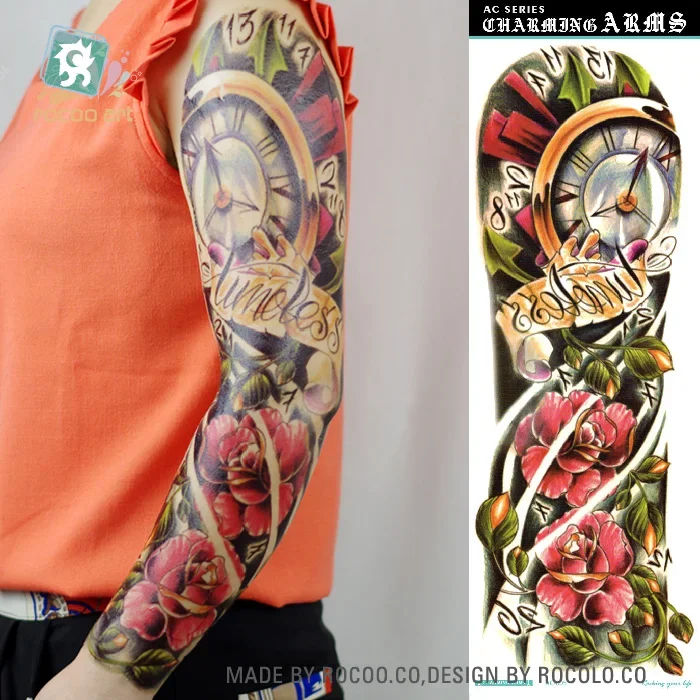 Rocooart-Autocollant de Tatouage Temporaire pour Homme et Femme, Poitrine, Dos, Bras Complet, Horloge Fleur Cool, Faux Tatouage