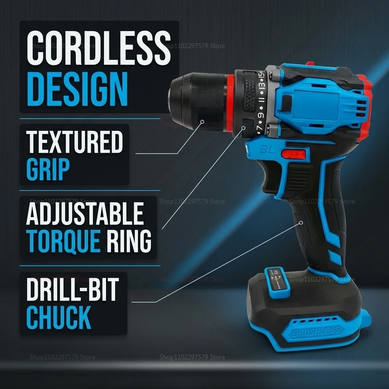 Brushless Cordless Electric Drill and Screwdriver Impact Power Tool for Home DIY and Professional Construction No Battery Includ