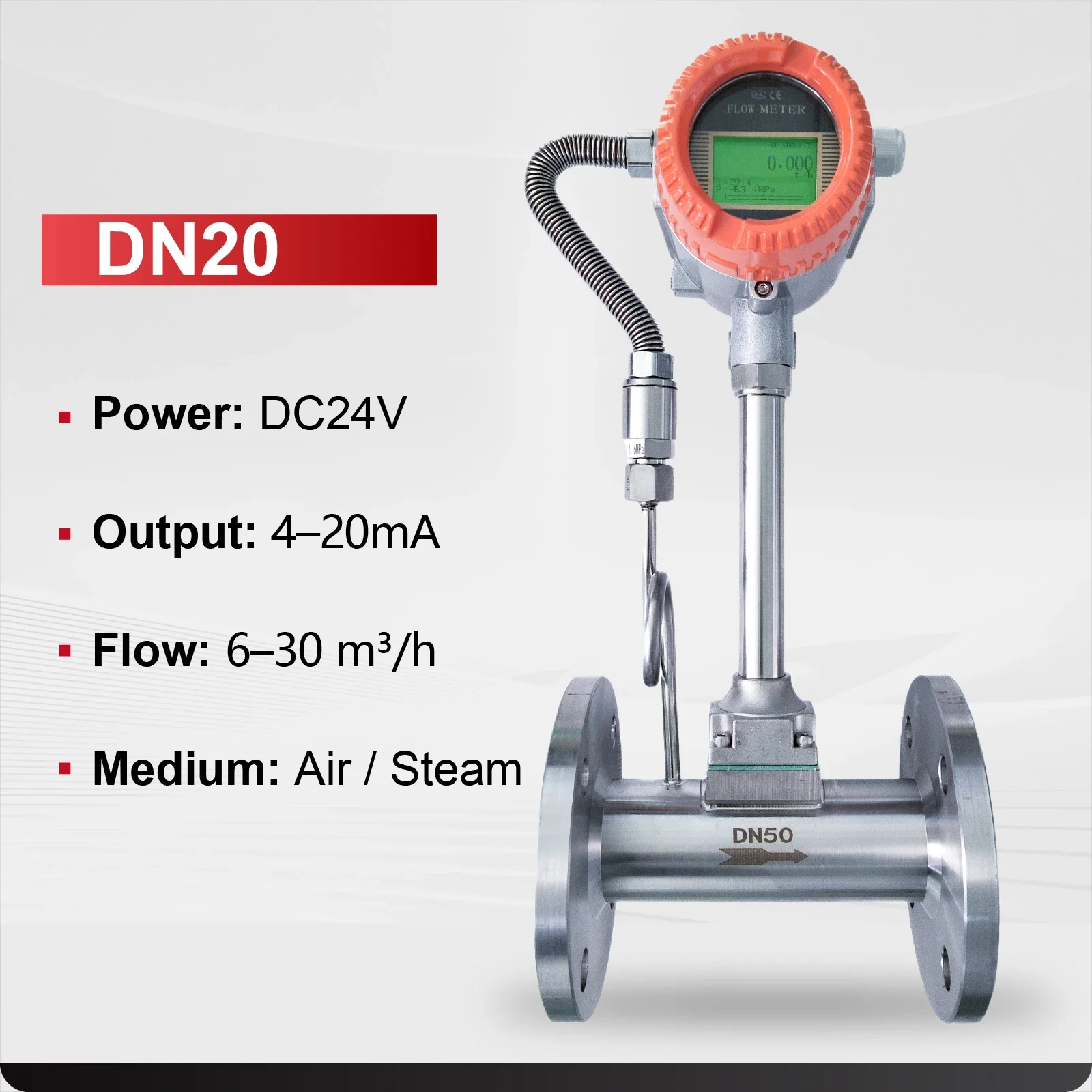 Meter 304SS Flange 4‑20mA RS485 Modbus High‑Temp Steam/Air/Gas Temp & Pressure Compensated