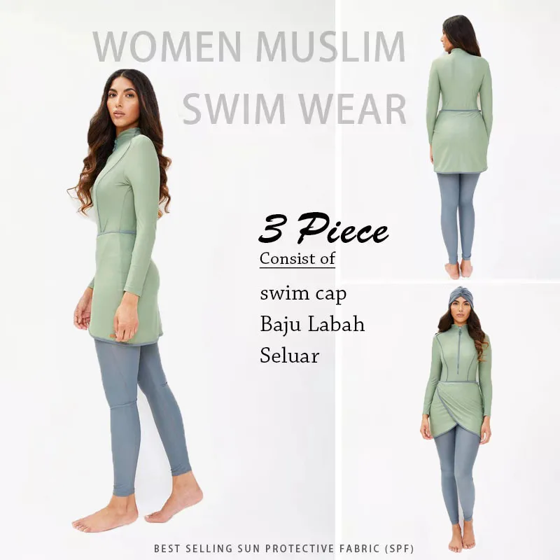 3PCS/Set Plain Muslim Modest Swimwear Women Muslim Swimsuit Burkini Long Sleeve Islamic Big Full Cover Hijab Beach Clothing