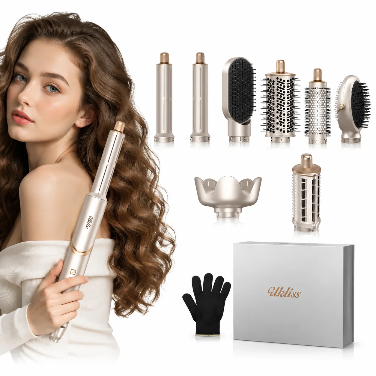 8 in 1 Hair Dryer Brush High Speed Brushless Blow Dryer Negative Ionic Hair Heating Brush Hot Air Styling Comb Hair Curler